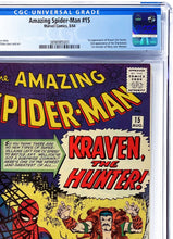 Load image into Gallery viewer, Amazing Spider-Man #15 CGC 9.4 NM 1964 Marvel Comics 1st Appearance Kraven