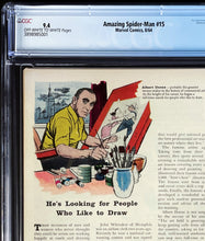 Load image into Gallery viewer, Amazing Spider-Man #15 CGC 9.4 NM 1964 Marvel Comics 1st Appearance Kraven