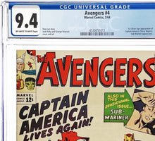 Load image into Gallery viewer, Avengers #4 CGC 9.4 NM 1963 Marvel Comics 1st Appearance Captain America Silver Age
