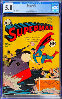 Superman #13 CGC 5.0 White Pages 1941 DC Golden Age Comics Classic WWII Nazi Cover