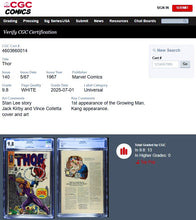 Load image into Gallery viewer, Thor #140 CGC 9.8 White Pages 1967 Marvel Comics 1st App Growing Man
